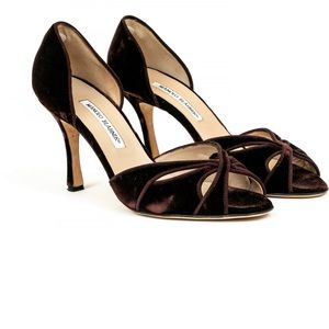 Manolo Blahnik velvet chocolate open toed pumps 39.5